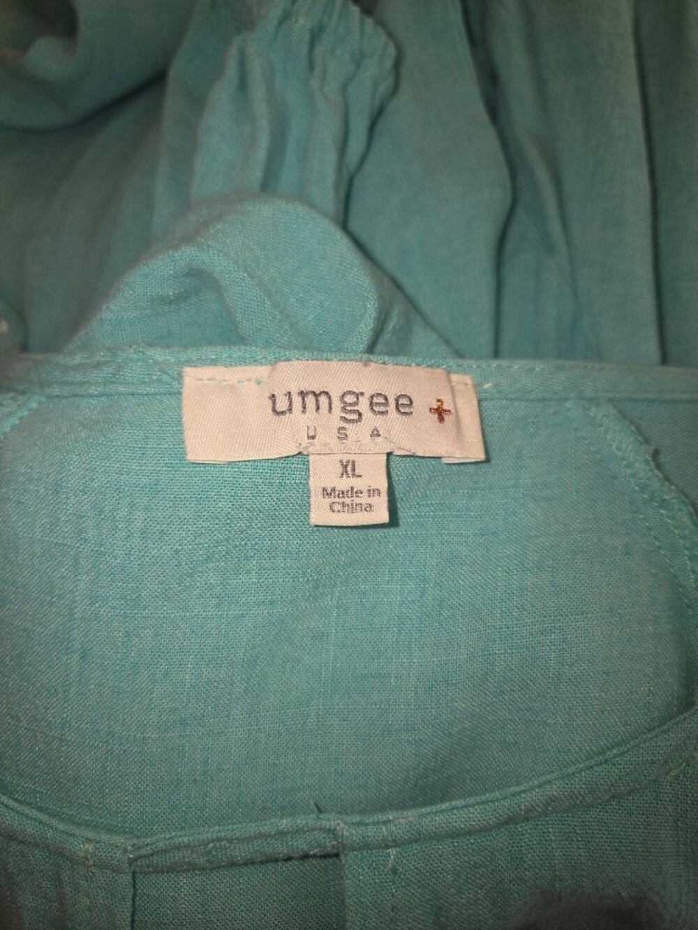 Umgee+ Turquoise Linen-Cotton Midi Dress 3/4 Sleeves Keyhole Neckline Ruffled He - Picture 4 of 12